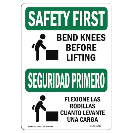 Signmission OSHA Sign, Bend Knees When Lifting Bilingual, 10in X 7in Aluminum, 7" W, 10" L, Landscape OS-SF-A-710-L-10743